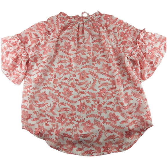 Loft Womens Pink White Floral Short Flutter Sleeve Blouse Lined Ruffle XS - Picture 4 of 9